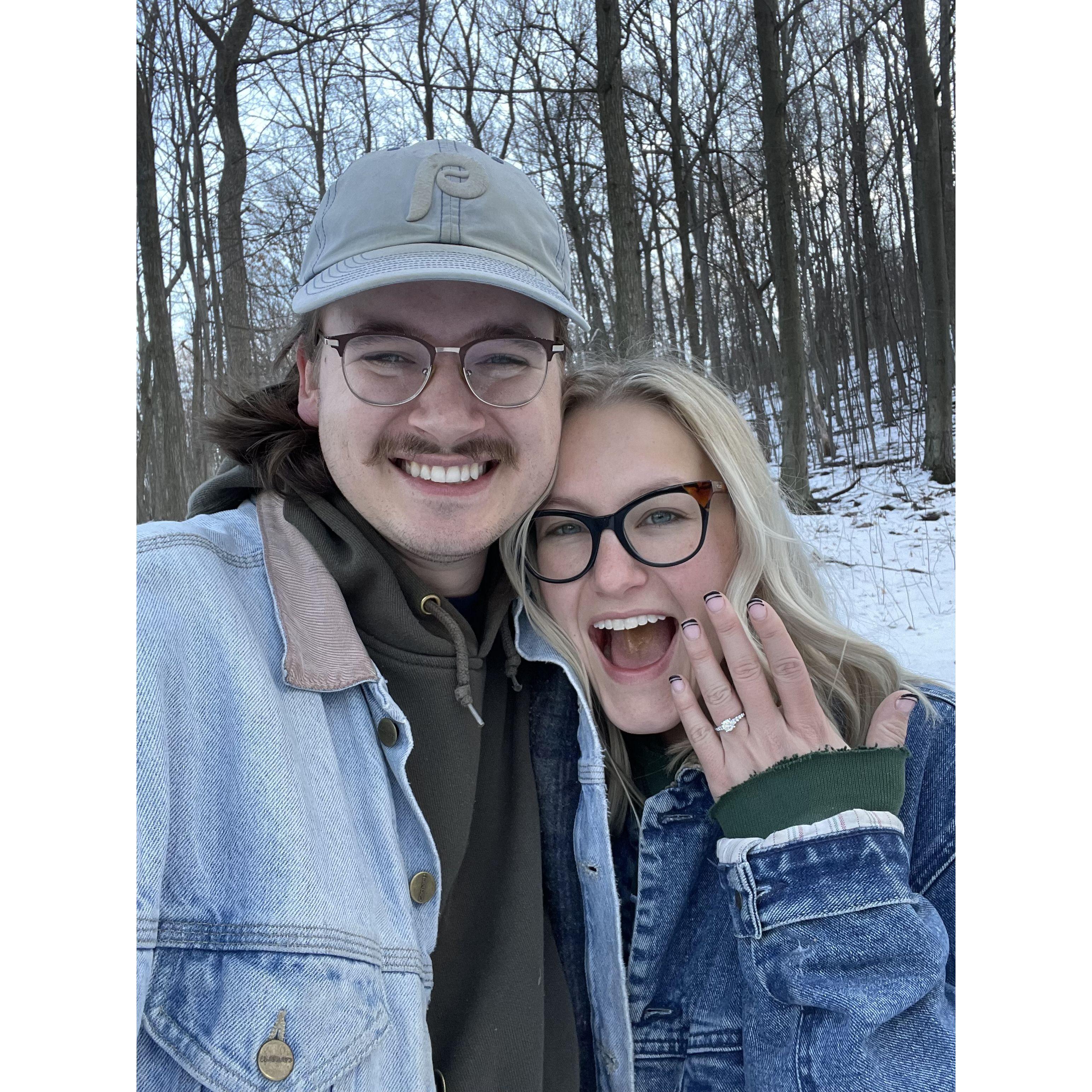 We took this picture after getting engaged at Mitchell's family cabin on December 17th, 2022.