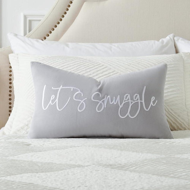 Sunkifover Let's Snuggle Decorative Lumbar Pillow Cover - 12x20 Inch Light Grey and White Cotton Embroidery Throw Pillowcase for Bed, Bedroom, Living Room, Home Decor