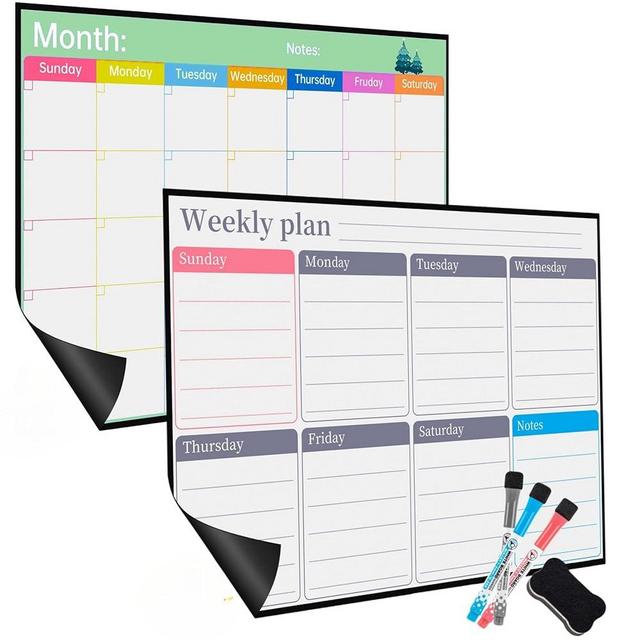 Aerkersun Magnetic Calendar Combo Set – 17x12” Magnetic Monthly & Weekly Dry Erase Calendar for Fridge, Family and Classroom Planning, Includes 3 Markers and Eraser