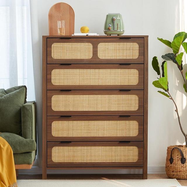 LEVNARY 5 Drawer Chest Dresser, Rattan Tall Dresser 5 Chest of Drawers for Bedroom, Wood Storage Cane Cabinet with Metal Handles, for Living Room, Hallway, Nursery (Walnut)