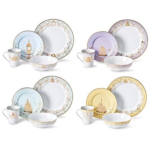 Disney Themed Dinnerware Set - 16 Ceramic Dishes, 4 Place Settings | Collection 1| Cinderella, Aladdin, Little Mermaid, Beauty and the Beast Colorful Dinner & Dessert Plates, Bowl & Mug