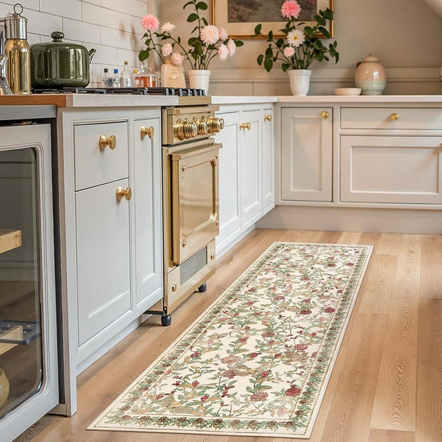 jinchan Eden Floral Washable Runner Rug 2x6 Vintage Hallway Rug Non-Slip Lightweight Soft Thin Kitchen Low Pile Distressed Red Green Carpet for Bathroom Laundry Room Bedroom Entryway