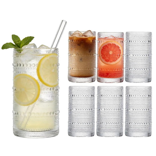 AltarreT Large Hobnail Drinking Glasses Set of 6, 16oz Clear Highball Glasses Embossed Boho Water Glass Cups, Kitchen Bar Tumbler Glassware for Cocktail, Juice, Whiskey, Milk and Various Mixed Drinks