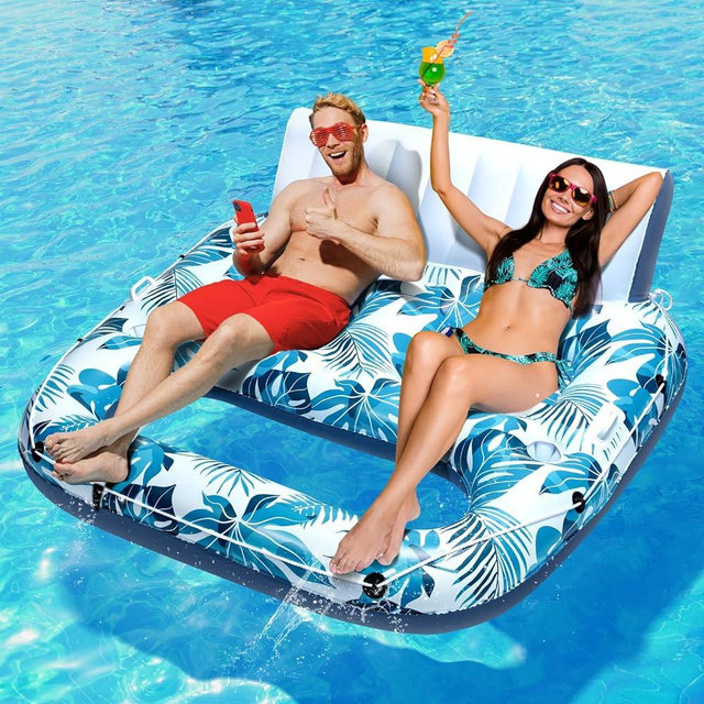 JCLEAL Pool Floats Lounger Adult Inflatable Pool Floaties Rafts for 2 Person Extra Large Recliner Tanning Lounge Chair Water Float with Backrest Footrest Cup Holder for Party River Beach Lake Vacation
