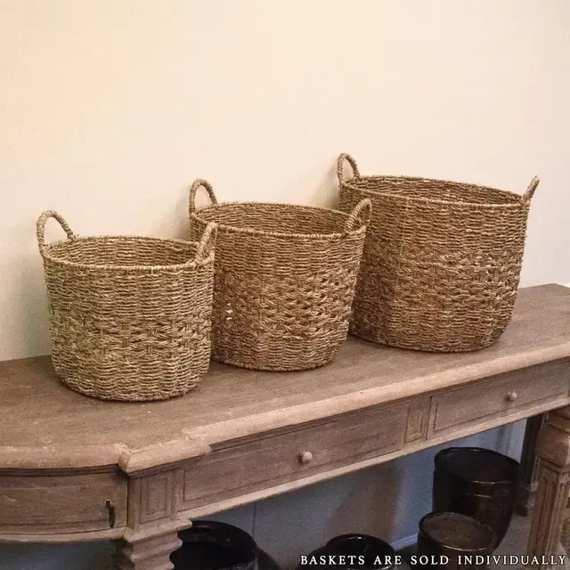 Round Handmade Woven Wicker Seagrass Over Metal Large Basket with Handles