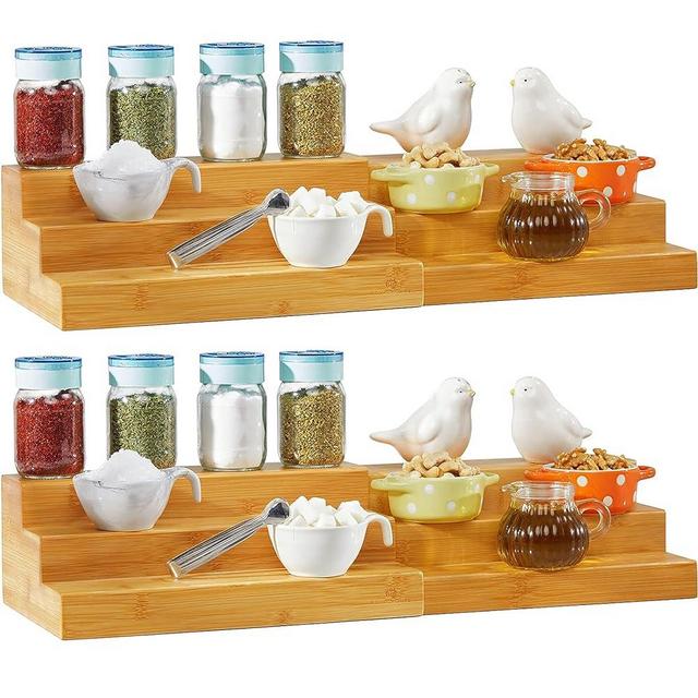 RoyalHouse Bamboo Expandable Spice Rack Organizer, 3-Tier Adjustable Kitchen Cabinet, Countertop Display Shelf, Space Organizer for Kitchen and Bathroom (Pack of 2)