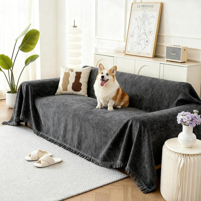 KaviKon Couch Cover for Dogs, Boho Sofa Covers for 3 Cushion Couch, Chenille Sofa Slipcover for Pets Washable, L-Shape Sectional Couch Cover Soft Throw Blankets with Tassels(71x118,Charcoal Grey)