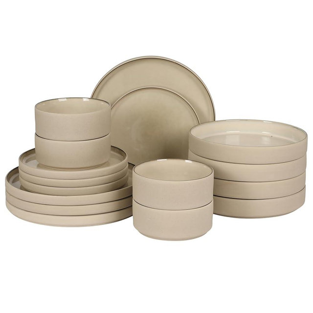 Gibson Elite Liberty Bay 16-Piece Pottery Clay Stoneware Dinnerware Set – Taupe Reactive Glaze, Stackable Plates and Bowls W/Pasta Bowl, Service for 4 – Microwave & Dishwasher Safe