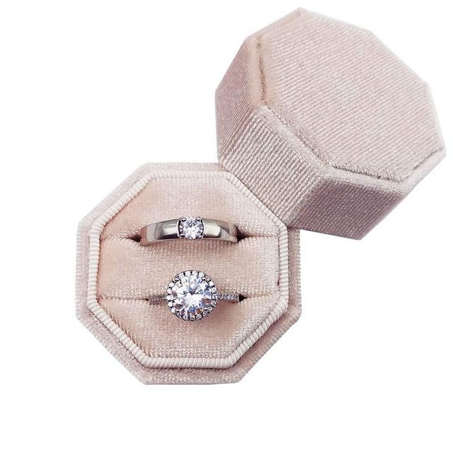 Beatilog Velvet Ring Bearer Box - Octagon Double Proposal Ring Display/Vintage Handmade Wedding Ring Holder/Jewelry Storage Gift Case for Engagement, Birthday, Christmas, Photography (Light Pink)
