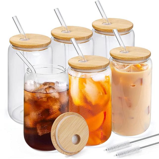 LotFancy Glass Cups with Bamboo Lids and Glass Straw 6pcs Set, 16oz Can Shaped Drinking Glasses, Beer Glasses, Iced Coffee Glasses for Boba Tea, Juice, Soda, Cocktail, Whiskey