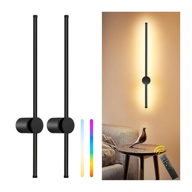 23.6 Inch Battery Operated Wall Sconces Set of Two, 12000mAh Rechargeable Wall Sconce with Remote Control, Dimmable LED Wireless Wall Lights for Bedroom, Living Room, 15 Colors, 180° Rotate, Black