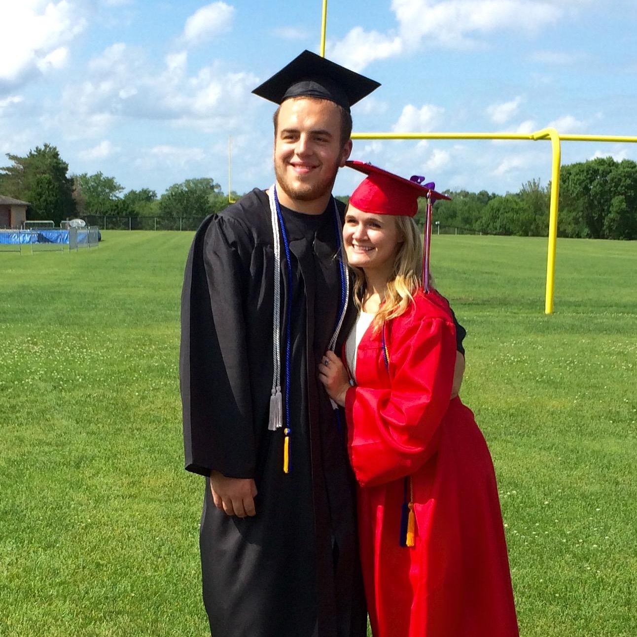 Here's Hunter and I at high school graduation, and soon we'll be walking across the stage at our college graduation. We're glad to have gotten through all of it together.