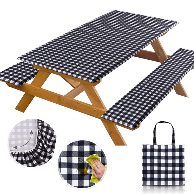 RNOONY 6ft Polyester Picnic Table Cover with Bench Covers Windproof & Waterproof Tablecloth, Perfect for Camping Gifts & RV Essentials, Cool Camping Gadgets with Carrying Bag, 72x30 Inches,4Pcs,Black