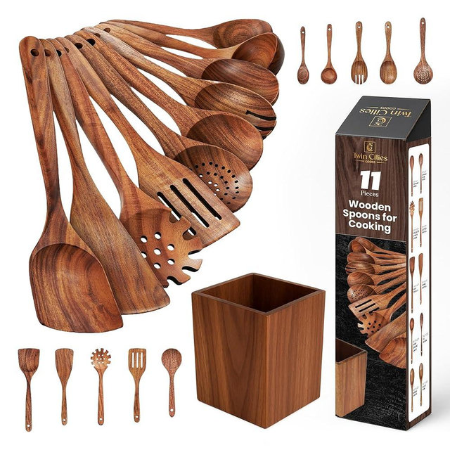Wooden Spoons for Cooking, 11 PCS Teak Wood Utensil Set with Holder – Heat Resistant, Nonstick Safe, Smooth Finish, Lightweight & Durable Kitchen Tools