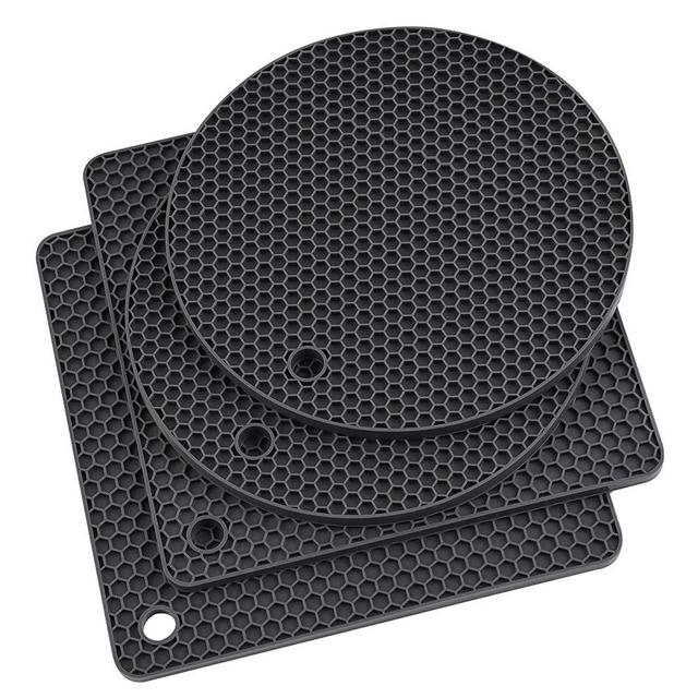Silicone Trivets : Trivets for Hot pots and Pans, Multi-Purpose Silicone Pot Holder, Heat Resistant Mat,Trivets for Hot Dishes , Drying Mat, 2 pcs Square and 2 pcs Round (Dark Gray)