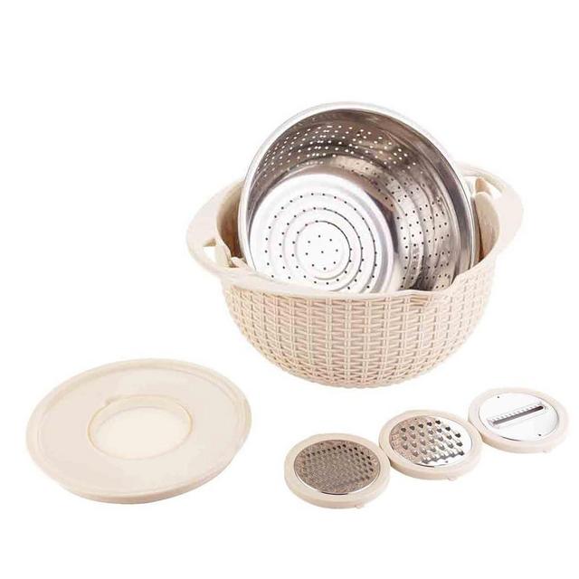 JforSJizT 4-1 Colander with Mixing Bowl Set - Kitchen Essentials for Washing,Slicing and Kneading - Salad Spinner,Pasta Strainer Fruit and Rice Washer - Ideal for Apartments,Homes and Kitchens (Beige)