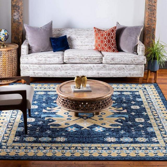 Unique Loom Taftan Collection Border Geometric Tribal Inspired Design Area Rug, 8 ft, Navy Blue/Gold