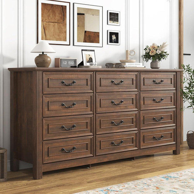 chartustriable Farmhouse 12 Drawer Dresser for Bedroom, 63” Wood Chest of Drawers with Rustic Handles, Wide Closet Dressers Organizer, Living Room, Hallway, Bedroom Furniture, Rustic Brown
