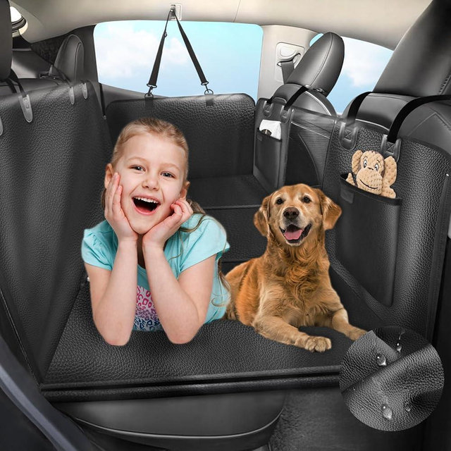 ROUWINNE Back Seat Extender for Dogs-Upgraded Faux Leather, Hard Bottom Dog Car Seat Cover for Back Seat, Anti-Scratch Backseat Extender for Dogs, Waterproof Dog Hammock for Car, SUV, 400lbs