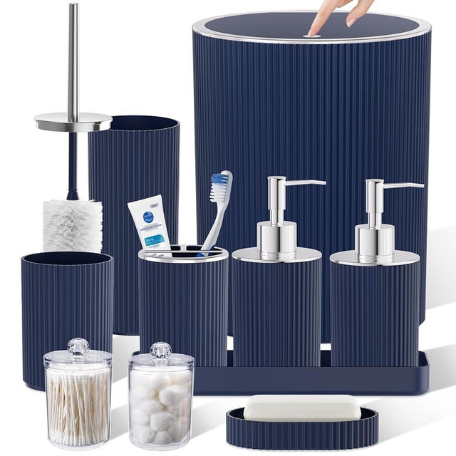 Navy Blue Bathroom Accessories Set, 10PC Bathroom Set, Bath Accessory with Pop Up Trash Can, Soap Dispenser, Toilet Brush, Toothbrush Set Qtip Holders & Tray