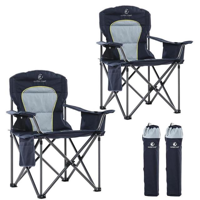 LET'S CAMP Oversized Folding Camping Chair Portable Outdoor Heavy Duty Padded Chairs Lawn Chair with Cup Holder, Storage Pocket and Cooler Bag, Supports 450LBS, for Camp, Travel, Picnic,2 Pack(Blue)
