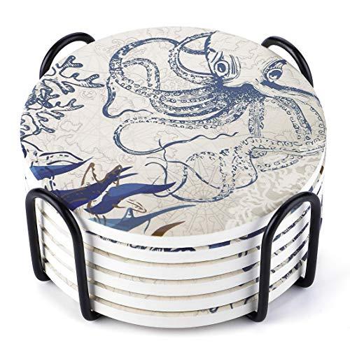 LIFVER Coasters for Drinks, Octopus Style Absorbent Coasters with Holder, Prevent Furniture from Dirty and Scratched, Suitable for Kinds of Cups, Set of 6