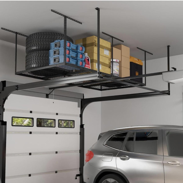 FLEXIMOUNTS 4x8 Overhead Garage Storage Rack, Adjustable Organization System, Heavy-Duty Metal Ceiling Racks, 750lbs Weight Capacity, Black, Classic Series
