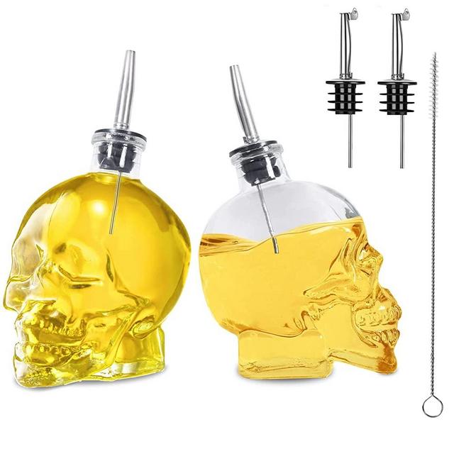 Gusnilo Olive Oil Dispenser 15 Oz Skull Shape Oil and Vinegar Dispenser Set Oil Bottle Glass Oil Bottle Oil Vinegar Cruet Set with Stainless Steel Pourer Spout Funnel 450 Ml