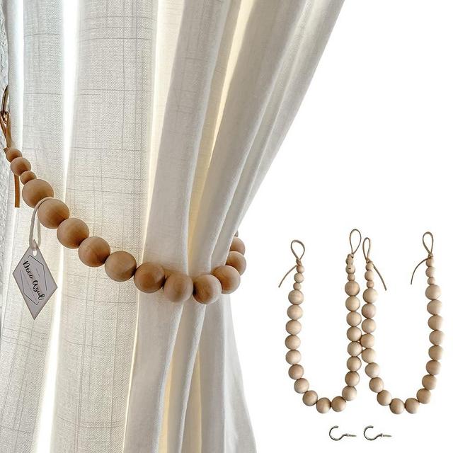 Deco Azul Curtain tiebacks - Curtain Hooks for Drapes - Boho Curtain tie Backs - Natural Wood Bead Curtain Ties - Curtain Tiebacks Boho - Beaded Curtain tiebacks - Set of 2 - (Birchwood 19 inches)