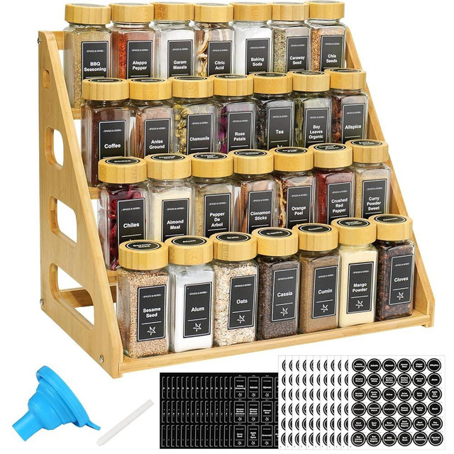 4 Tier Bamboo Spice Rack Organizer with 28 Spice Jars, 780 Labels, Wood Shelf, Chalk Marker and Funnel Set for Cabinet Kitchen Countertop, Empty 4 oz Glass Jars