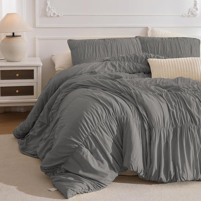 Masaca Grey Oversized King Comforter Set 128x120,Ruched Ruffle Comforter Extra Large King Size Bedding,Shabby Boho Chic Farmhouse Bedding 3PCS (1 Gray Comforter+2 Pillow Shams)