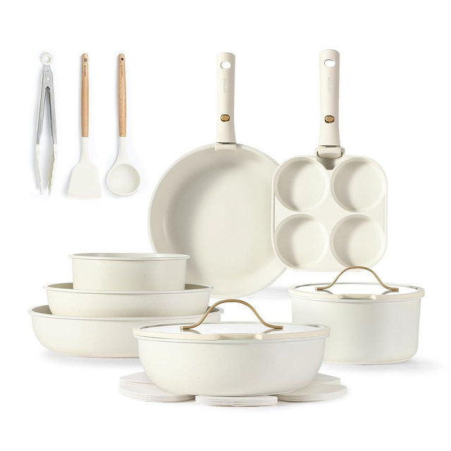 CAROTE 19pcs Pots and Pans Set, Nonstick Cookware Set, Oven/Fridge Use, Induction Kitchen Cookware Sets Non Stick with Detachable Handle, RV Cookware Set, Gold and White