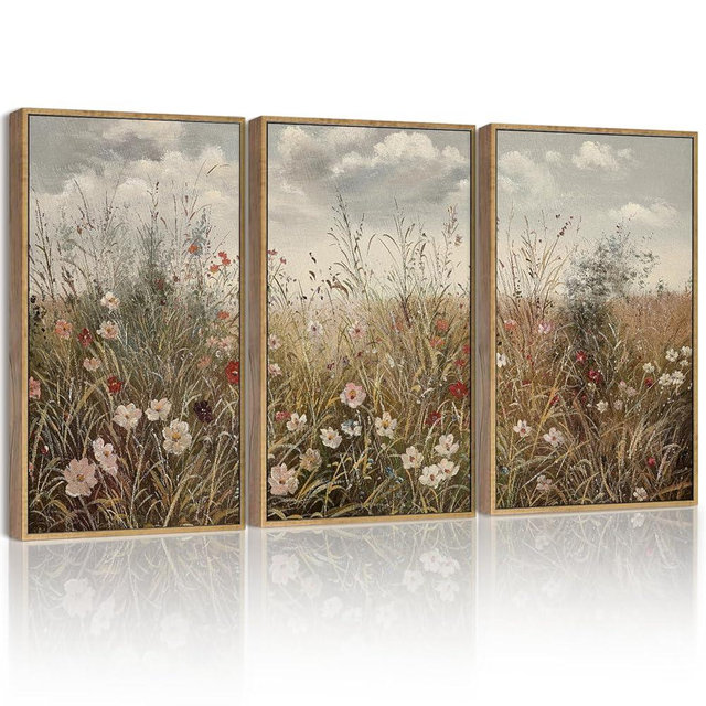 SHENIFY Vintage Landscape Framed Wall Art Meadow with Flowers Farmhouse Decor Retro Wildflower Field Scenery Painting for Kitchen Living Room Bedroom Bathroom - 11x14in3pcs Natural Framed
