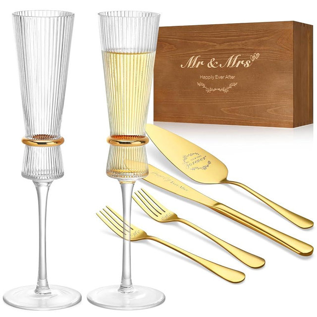 Parihy Wedding Champagne Flutes Set of 6, Cake Knife and Server Set with Mr and Mrs Forks, Cake Cutting Set for Wedding Anniversary, Bridal Shower, Engagement Gifts for Bride and Groom