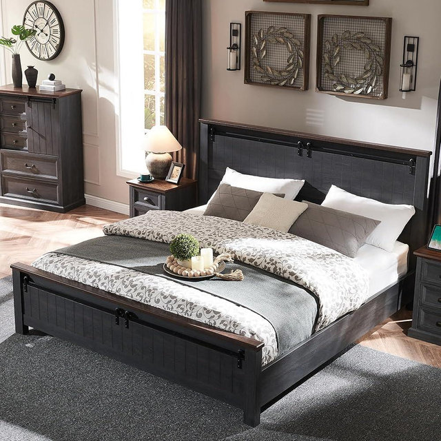 IFGET Farmhouse King Size Bed Frame with 47" Headboard, Wood Bed Frame with Groove Sliding Barn Door Footboard, Platform Bed with Wood Slats Support, No Box Spring Needed (Dark Grey)