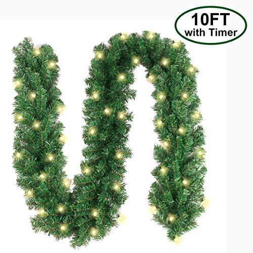 Christmas Garland with 40 LED Lights - Battery Powered Waterproof String Light with Timer - Pre-lit Outdoor Xmas Garland - 10 Foot by 10 Inch