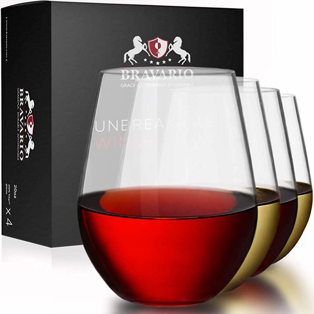 Bravario Unbreakable Stemless Plastic Wine Glasses | Shatterproof 100% Tritan | Dishwasher-Safe | BPA-free | Awesome for Indoor Outdoor | 20 oz, Set of 4