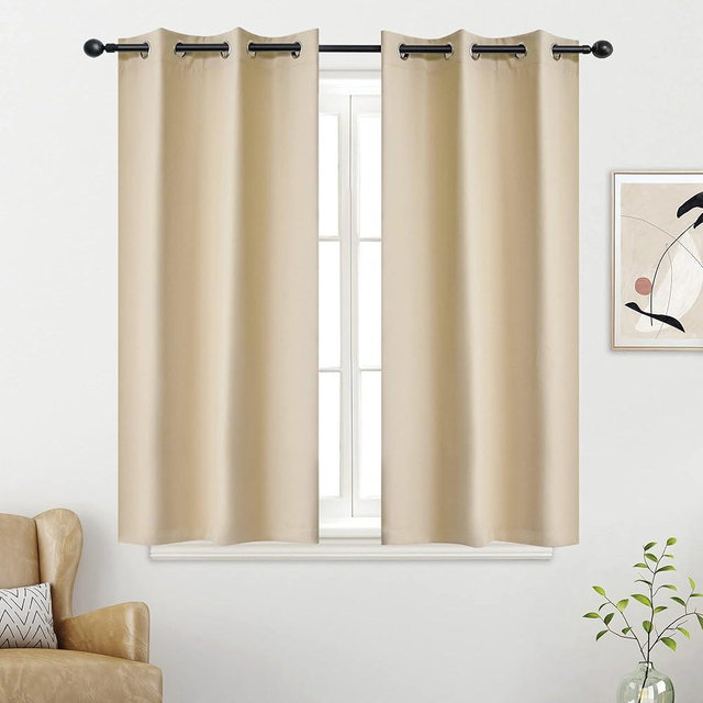 YGO Beige Blackout Solid Curtains - Room Darkening Grommet Drapes Thermal Insulated Small Window Curtains for Kids Room, 2 Panels Sets (34 x 54 Inches Long, Beige Color)