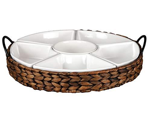 RANDEFURN Porcelain Divided Serving Platter/Tray,Fruit Basket,Perfect for Snack with Cattail Lazy Suzan Serving Tray,Portable handle,15.5 x 15.5 inch, 7 Piece of Set,Gold
