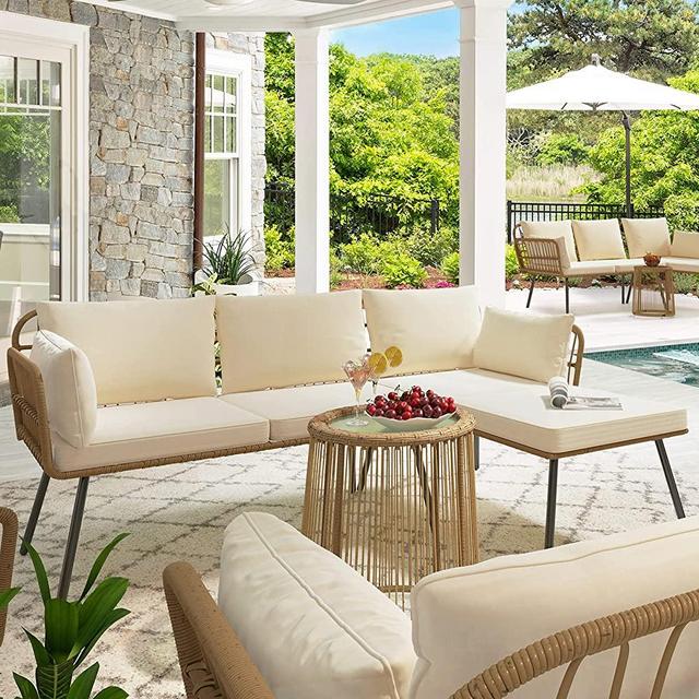 YITAHOME 3 Pieces Patio Furniture Set, Rope Woven Sectional L-Shaped Sofa for Patio Backyard Poolside, Wicker Conversation Set with Cushions, Detachable Lounger, Side Table - Beige