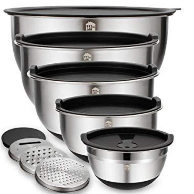Mixing Bowls Set of 5, Wildone Stainless Steel Nesting Bowls with Airtight Lids, 3 Grater Attachments, Measurement Marks & Non-Slip Bottoms, Size 5, 3, 2, 1.5, 0.63 QT, Great for Mixing & Serving