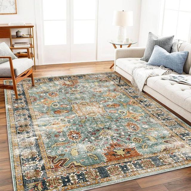 CHAMPLANT Area Rug 6'x9' Washable Vintage Traditional Distressed Thin Retro Kitchen Indoor Floor Cover Non Slip Carpet Floral Print Mat for Living Room Bedroom Dining Room