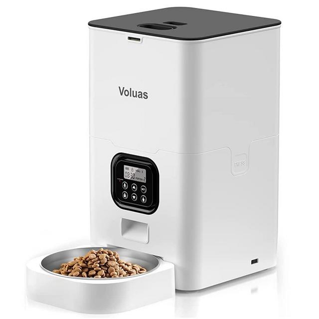 VOLUAS Automatic Programmable Cat Pet Feeder 4L/6L, Meal Timing, Dry Food Meal Portion Size Control, 10s Voice Record Meal Call, 1-4 Meals, Included Desiccant Bag, Small Medium Pets