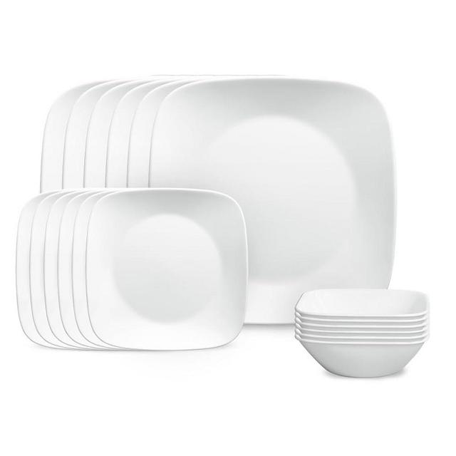 Corelle Vitrelle 18-Piece Service for 6 Square Dinnerware Set, Triple Layer Glass and Chip Resistant, Lightweight Square Plates and Bowls Set, Pure White