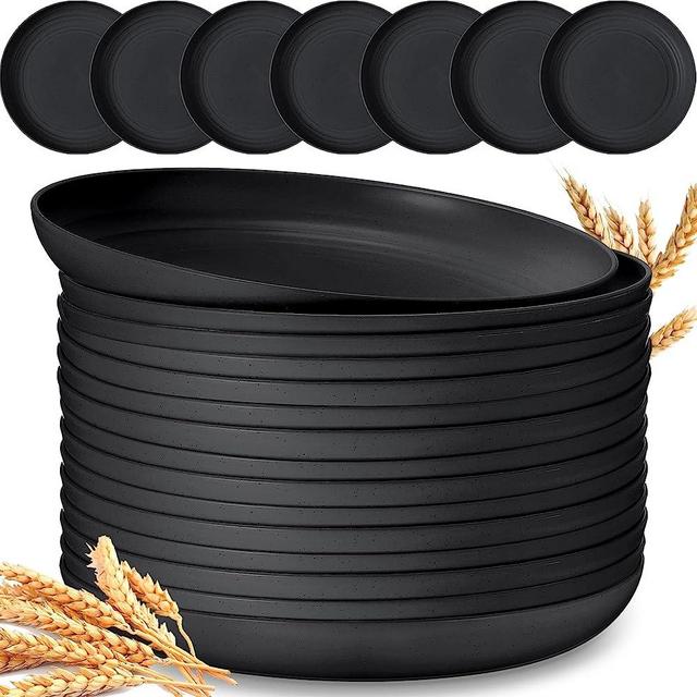 Zopeal 15 Pcs 10 Inch Wheat Straw Plates Lightweight Unbreakable Deep Dinner Plates Reusable Plastic Plates Microwave Safe Dinnerware for Kids Children Toddler Adult (Black)
