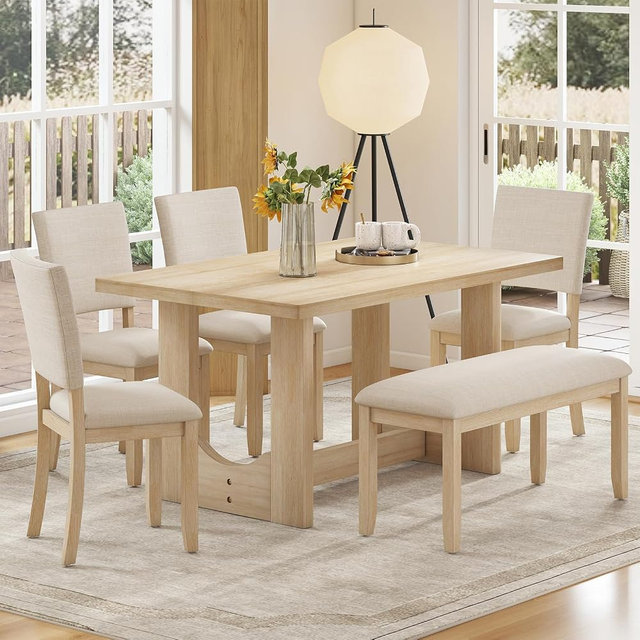 Zevemomo 6-Piece Solid Wood Dining Table Set, U-Shaped Base, Including 1 Dinner Table, 4 Upholstered Chairs and 1 Bench, Wooden Legs Dining Set for Dining Room, Kitchen, Beige