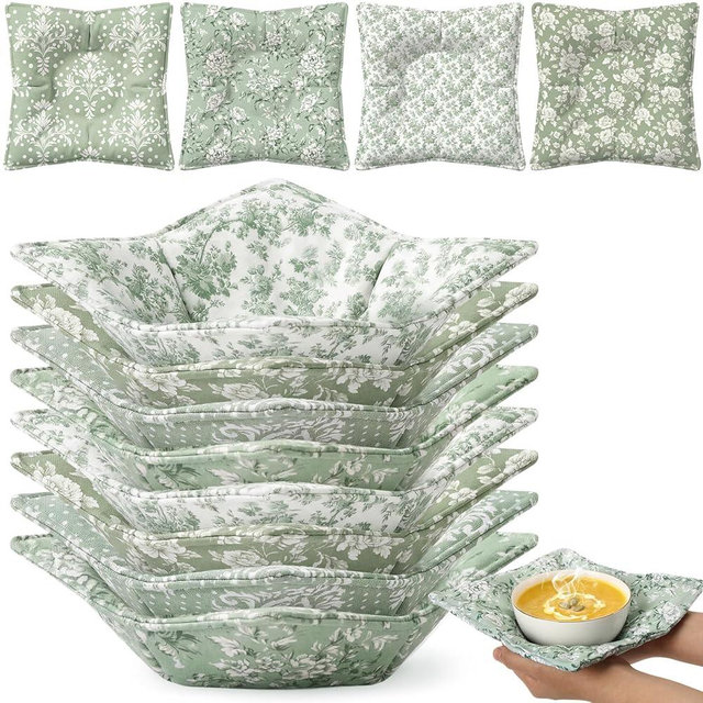 Ferrochef Green 8 Sets Floral Chinoiserie Microwave Bowl Cozy Holders for Hot Cold Food Soup Bowl Cozy Heat Resistant Potholders for Plates and Dishes Kitchen Supply (Elegant)