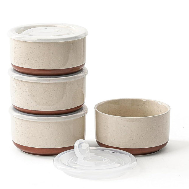 Chubacoo Ceramic Bowl with Lid: 20 oz Microwave Safe Porcelain Soup Containers for Food Storage, Meal Prep, Working Lunch, Picnic & Camping - 5-Inch Set of 4 Dipped Color & Speckle Cream
