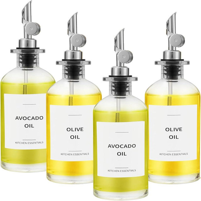 Spaceneat Olive Oil Dispenser Bottle for Kitchen, Coffee Syrup Dispenser - Elegant Olive Oil Bottles for Kitchen - Glass Cooking Oil Dispenser, Container, Cruet with Pourer Spout - Set of 4pcs, Silver