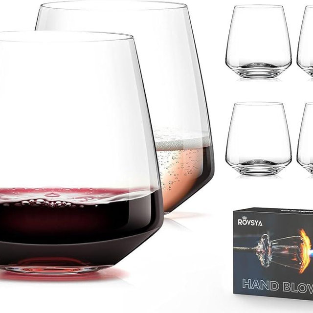 Stemless Wine Glasses Set of 6-13.5oz, Hand Blown Crystal Red White Wine Glasses - Unique gifts for him/her for wedding, birthday, Christmas, anniversary
